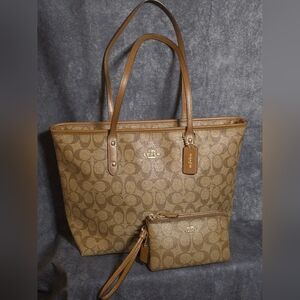 Coach Brown Zippered Tote and Wristlet Set